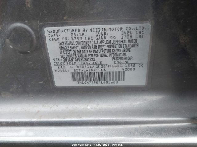 3N1CN7AP2KL801623 Nissan Versa 1.6 S+