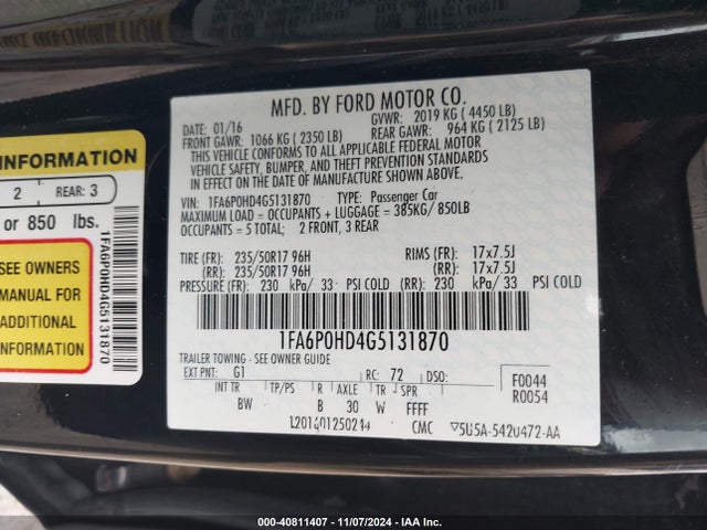 Ford FUSION SE 2016 1FA6P0HD4G5131870 Image 9