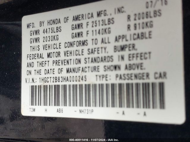 1HGCT2B83HA000245 Honda Accord Ex-l V6