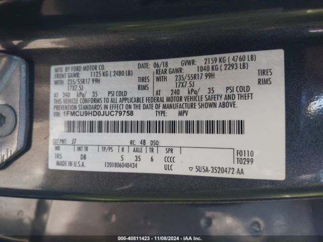1FMCU9HD0JUC79758 Ford ESCAPE SEL