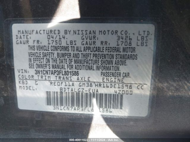 3N1CN7AP3FL801586 Nissan Versa 1.6 Sl