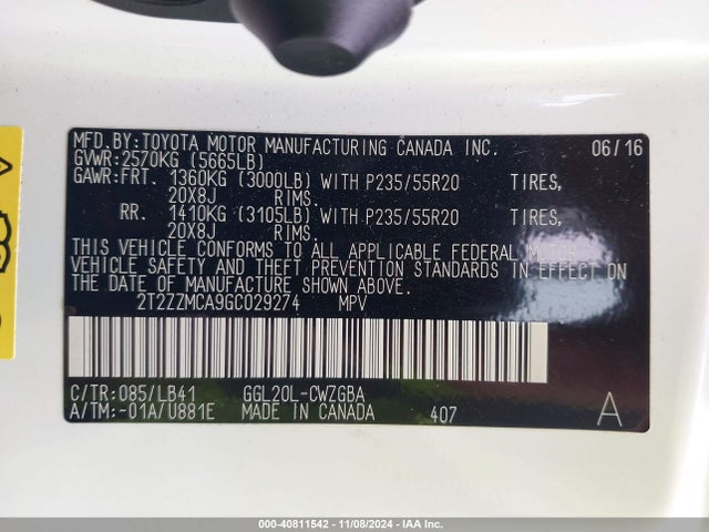 2T2ZZMCA9GC029274 Lexus RX 350