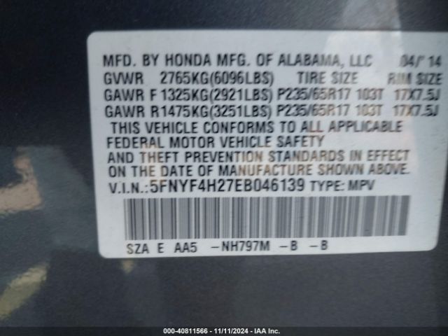 5FNYF4H27EB046139 Honda PILOT LX