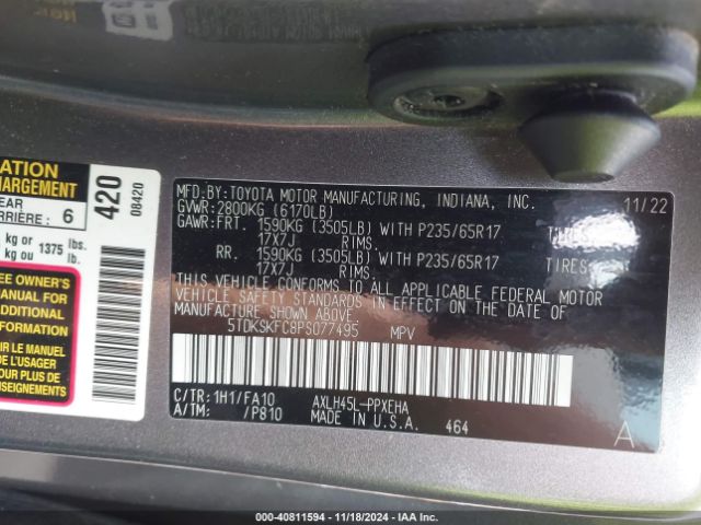 5TDKSKFC8PS077495 Toyota SIENNA LE