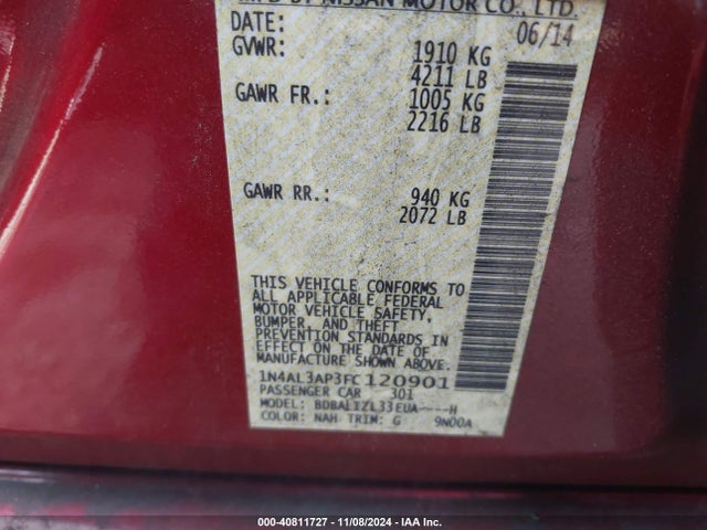 Nissan Altima 2.5 Sv 2015 1N4AL3AP3FC120901 Image 9