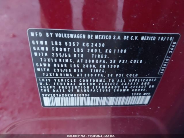 3VV2B7AX0KM020998 Volkswagen Tiguan 2.0t Se/2.0t Sel/2.0t Sel R-line/2.0t Sel R-line Black
