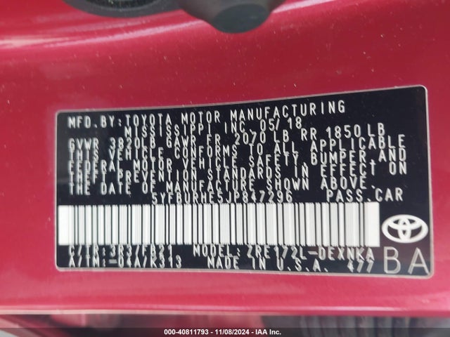 Toyota COROLLA LE 2018 5YFBURHE5JP847296 Image 9