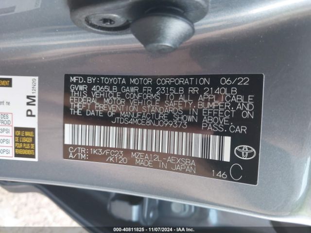 JTDS4MCE8NJ099373 Toyota COROLLA SE