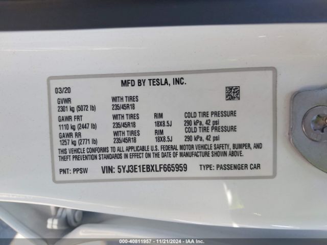 5YJ3E1EBXLF665959 Tesla Model 3 Long Range Dual Motor All-wheel Drive