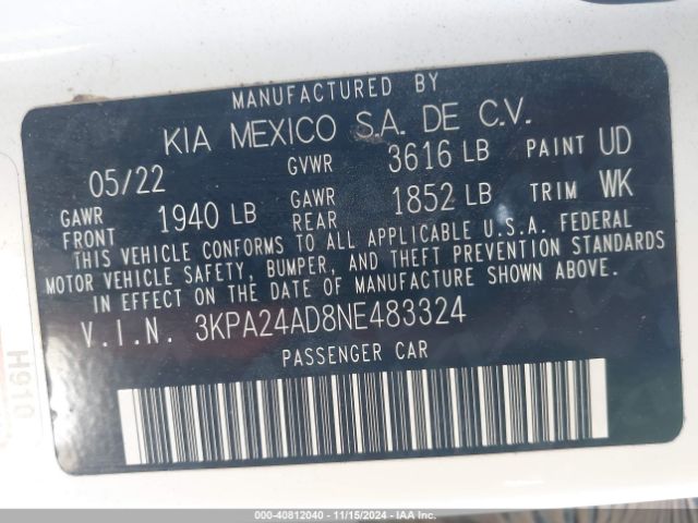 3KPA24AD8NE483324 KIA RIO S