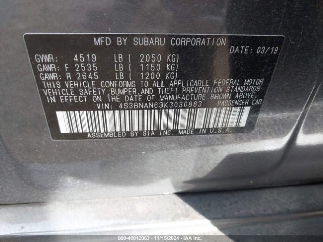 4S3BNAN63K3030883 Subaru Legacy 2.5i Limited
