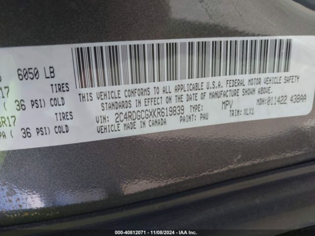2C4RDGCGXKR619839 Dodge Grand Caravan Sxt