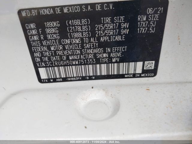 3CZRU6H50MM751353 Honda Hr-v Awd Ex