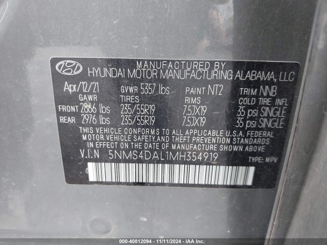 Hyundai Santa Fe Limited 2021 5NMS4DAL1MH354919 Image 9