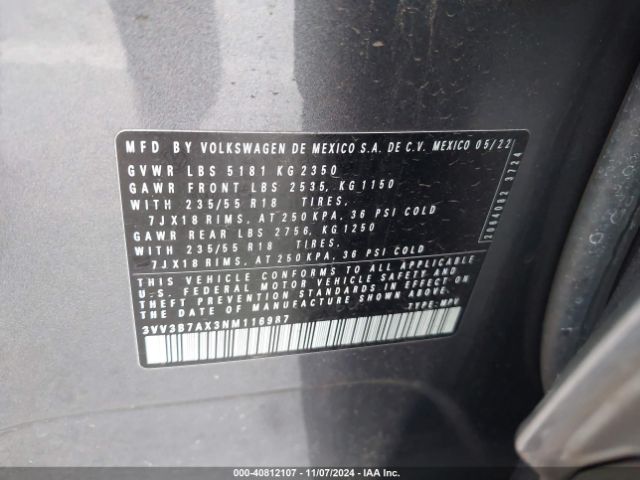3VV3B7AX3NM116987 Volkswagen Tiguan 2.0t Se