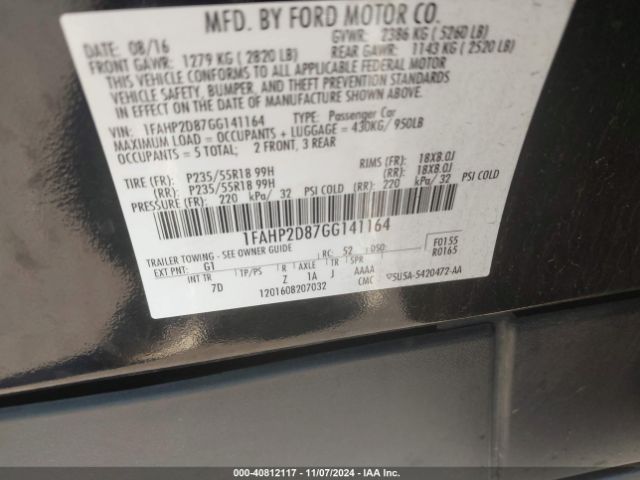 1FAHP2D87GG141164 Ford TAURUS SE