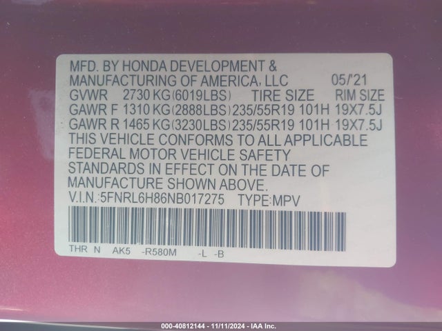 Honda Odyssey Touring 2022 5FNRL6H86NB017275 Image 9