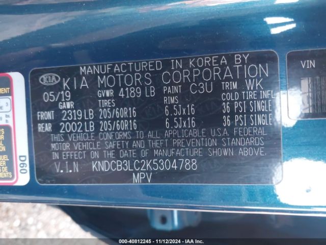 KNDCB3LC2K5304788 KIA NIRO LX