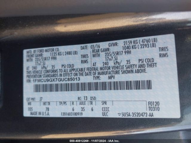 1FMCU9GX7GUC85013 Ford ESCAPE SE