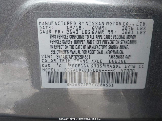 Nissan SENTRA SV 2019 3N1AB7AP7KY284581 Image 9