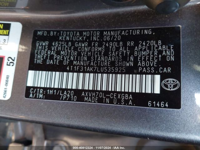 4T1F31AK7LU535925 Toyota Camry Xle Hybrid