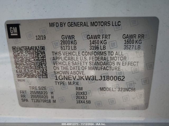 1GNEVJKW3LJ180062 Chevrolet Traverse Awd Rs