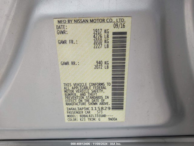 1N4AL3AP3HC115829 Nissan Altima 2.5/2.5 S/2.5 Sl/2.5 Sr/2.5 Sv