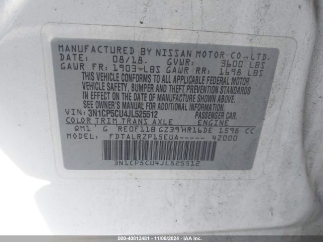 3N1CP5CU4JL525512 Nissan KICKS S