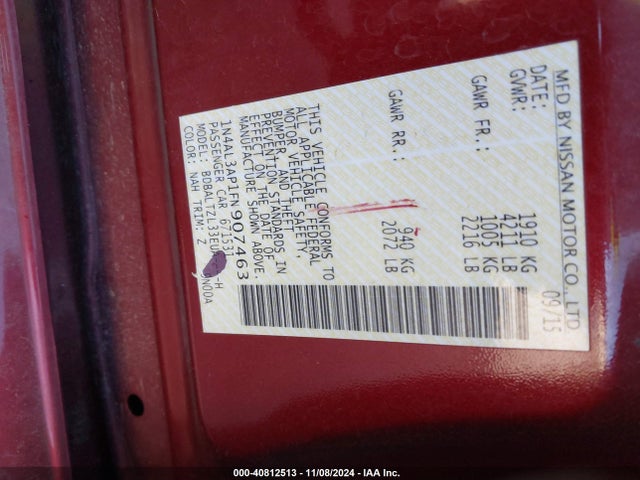 Nissan Altima 2.5 Sl 2015 1N4AL3AP1FN907463 Image 9