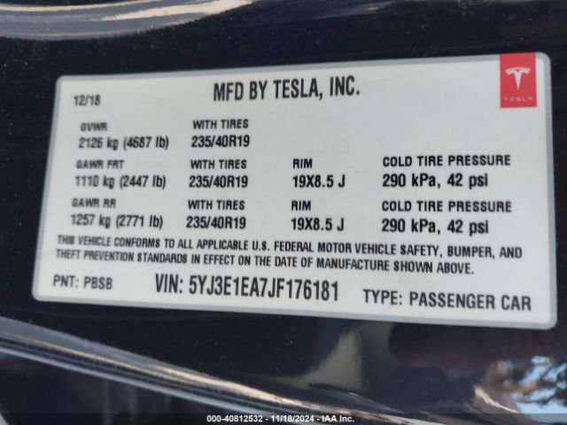 5YJ3E1EA7JF176181 Tesla Model 3 Long Range/mid Range