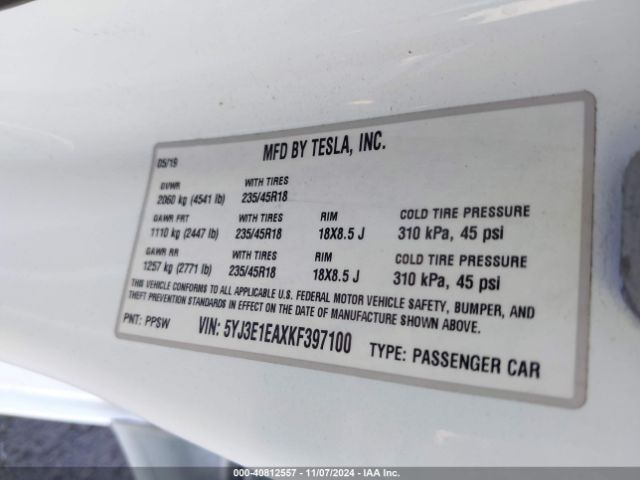 5YJ3E1EAXKF397100 Tesla Model 3 Long Range/mid Range/standard Range/standard Range Plus