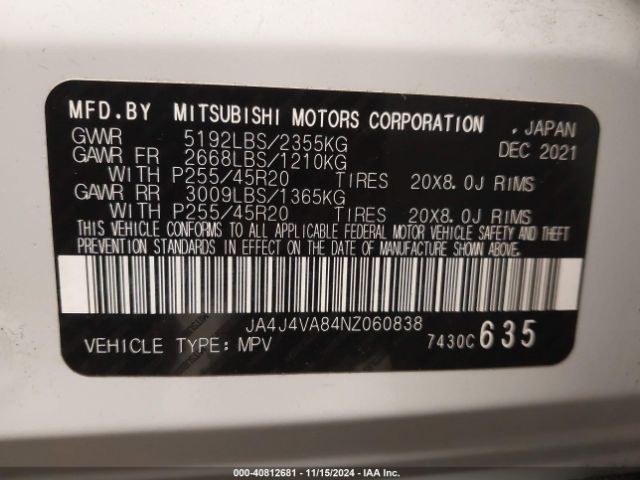 2022 MITSUBISHI OUTLANDER JA4J4VA84NZ060838 Photo 8
