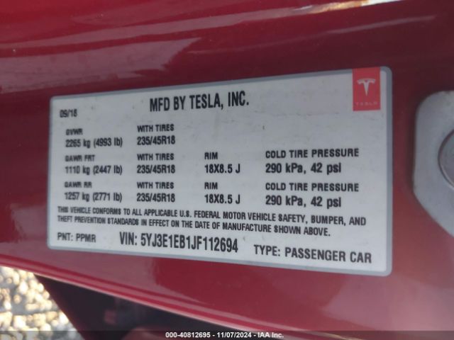5YJ3E1EB1JF112694 Tesla Model 3 Long Range/performance