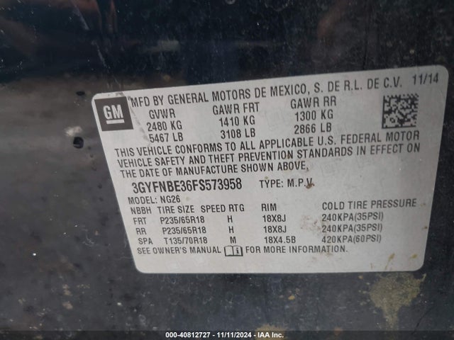 3GYFNBE36FS573958 Cadillac Srx Luxury Collection