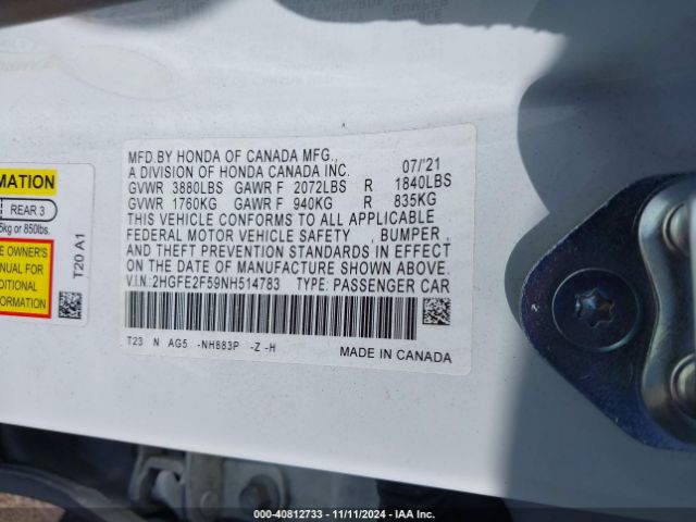 2HGFE2F59NH514783 Honda Civic Sport