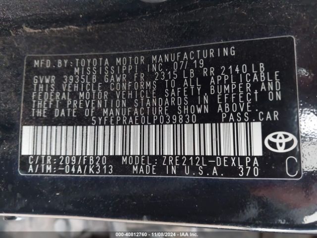 5YFEPRAE0LP039830 Toyota COROLLA LE