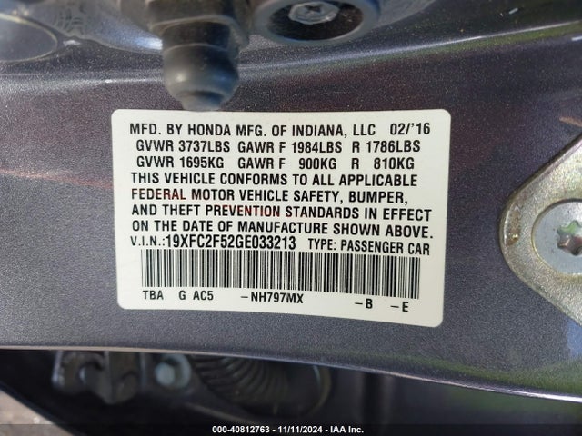 Honda Civic Lx 2016 19XFC2F52GE033213 Image 9