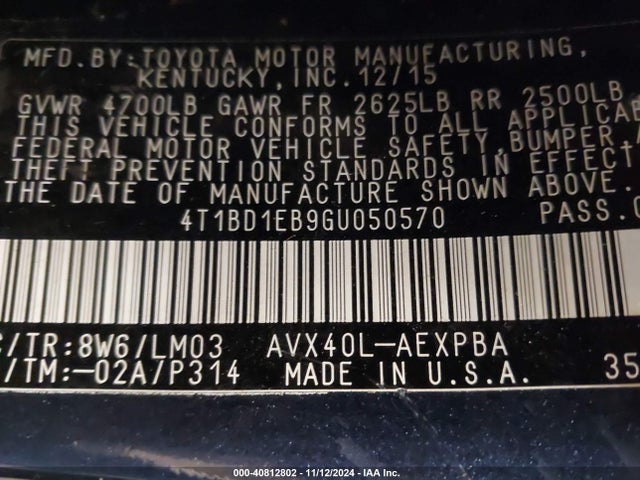 4T1BD1EB9GU050570 Toyota Avalon Hybrid Limited