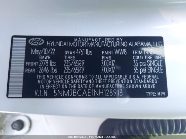 5NMJBCAE1NH128913 Hyundai TUCSON SEL