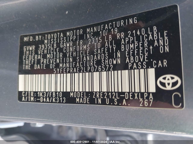 Toyota COROLLA LE 2020 5YFEPRAE2LP076572 Image 9