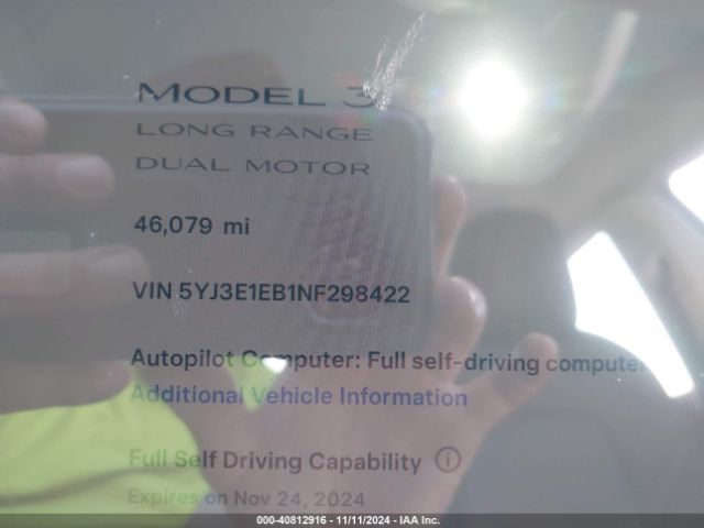 5YJ3E1EB1NF298422 Tesla Model 3 Long Range Dual Motor All-wheel Drive