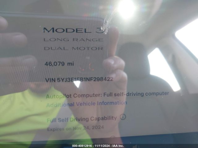 5YJ3E1EB1NF298422 Tesla Model 3 Long Range Dual Motor All-wheel Drive