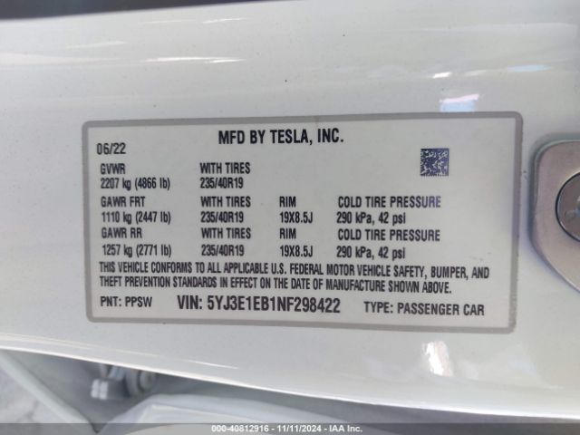 5YJ3E1EB1NF298422 Tesla Model 3 Long Range Dual Motor All-wheel Drive