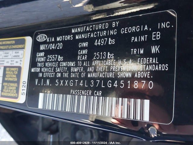 KIA Optima Lx 2020 5XXGT4L37LG451870 Image 9