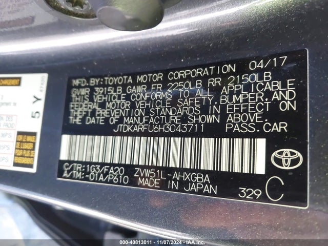 JTDKARFU6H3043711 Toyota Prius Three