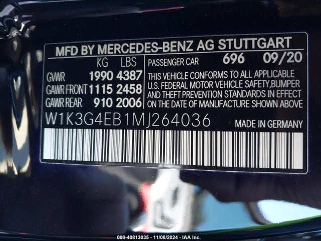 W1K3G4EB1MJ264036 Mercedes-Benz A 220