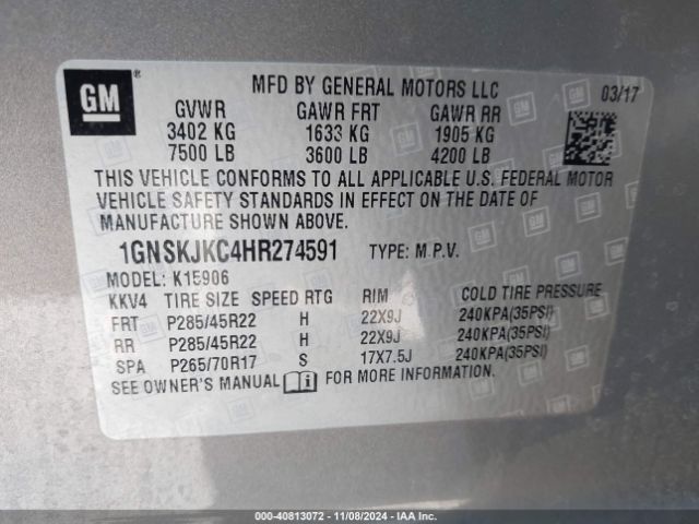 1GNSKJKC4HR274591 Chevrolet Suburban Premier