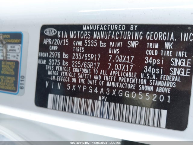 Aukcja sprzedaży 2016 Kia Sorento 2.4l Lx, vin: 5XYPG4A3XGG055201, numer aukcji: 40813102