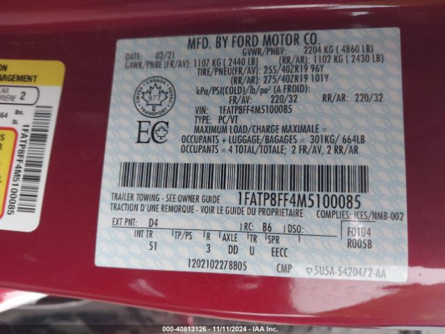 1FATP8FF4M5100085 Ford Mustang Gt Premium