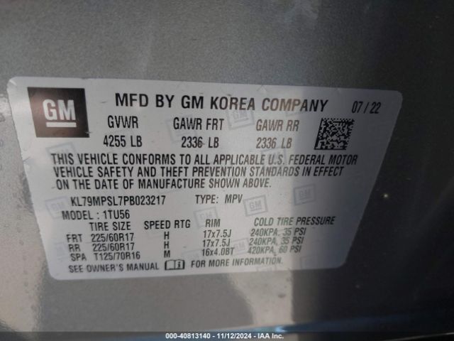 KL79MPSL7PB023217 Chevrolet Trailblazer Fwd Lt